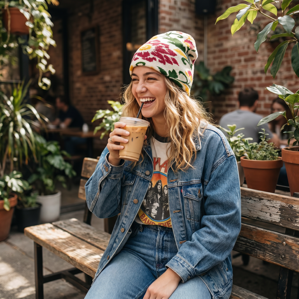 Woman sitting outdoors with a drink, wearing a denim jacket and floral beanie.