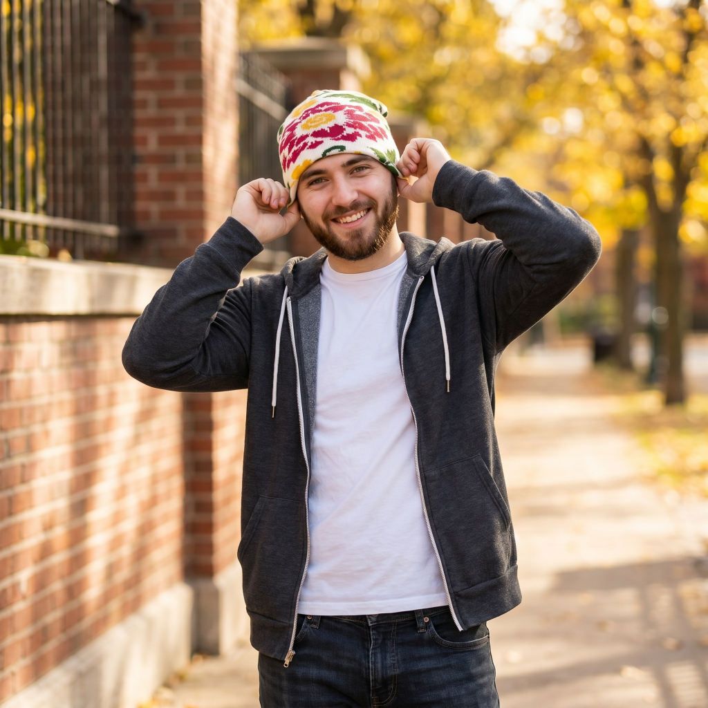 Man wearing a colorful beanie and dark jacket outdoors with trees in the background