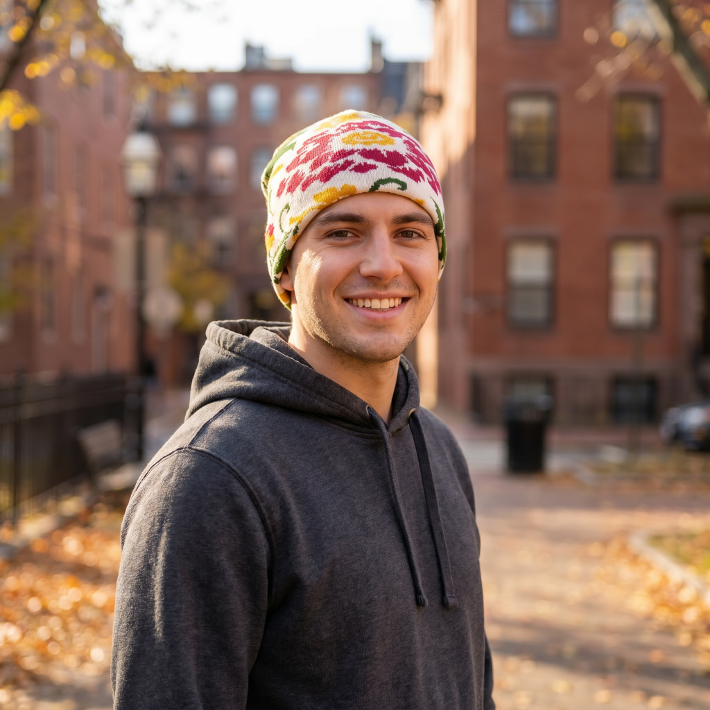 Man wearing a colorful beanie and dark hoodie standing in an urban setting with brick buildings and autumn leaves.