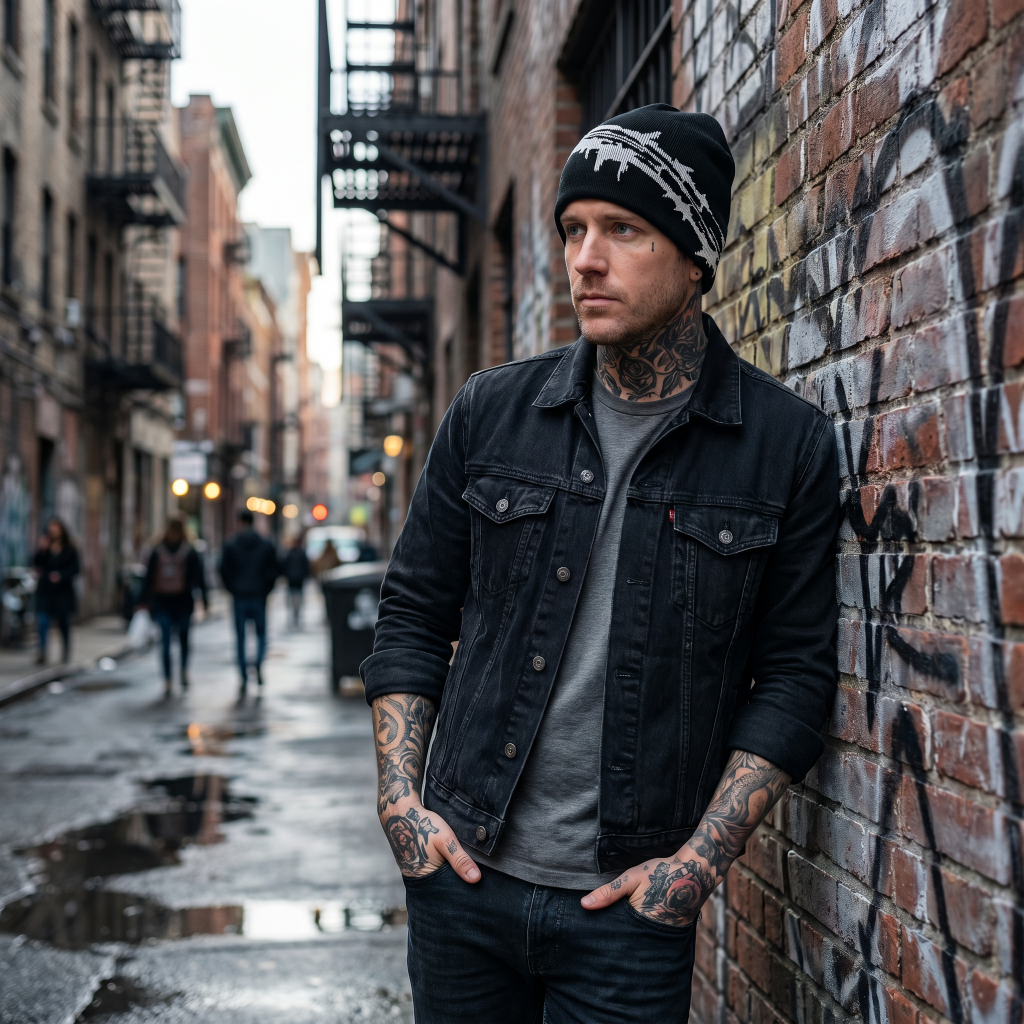 Man wearing razor wire beanie leaning on brick wall