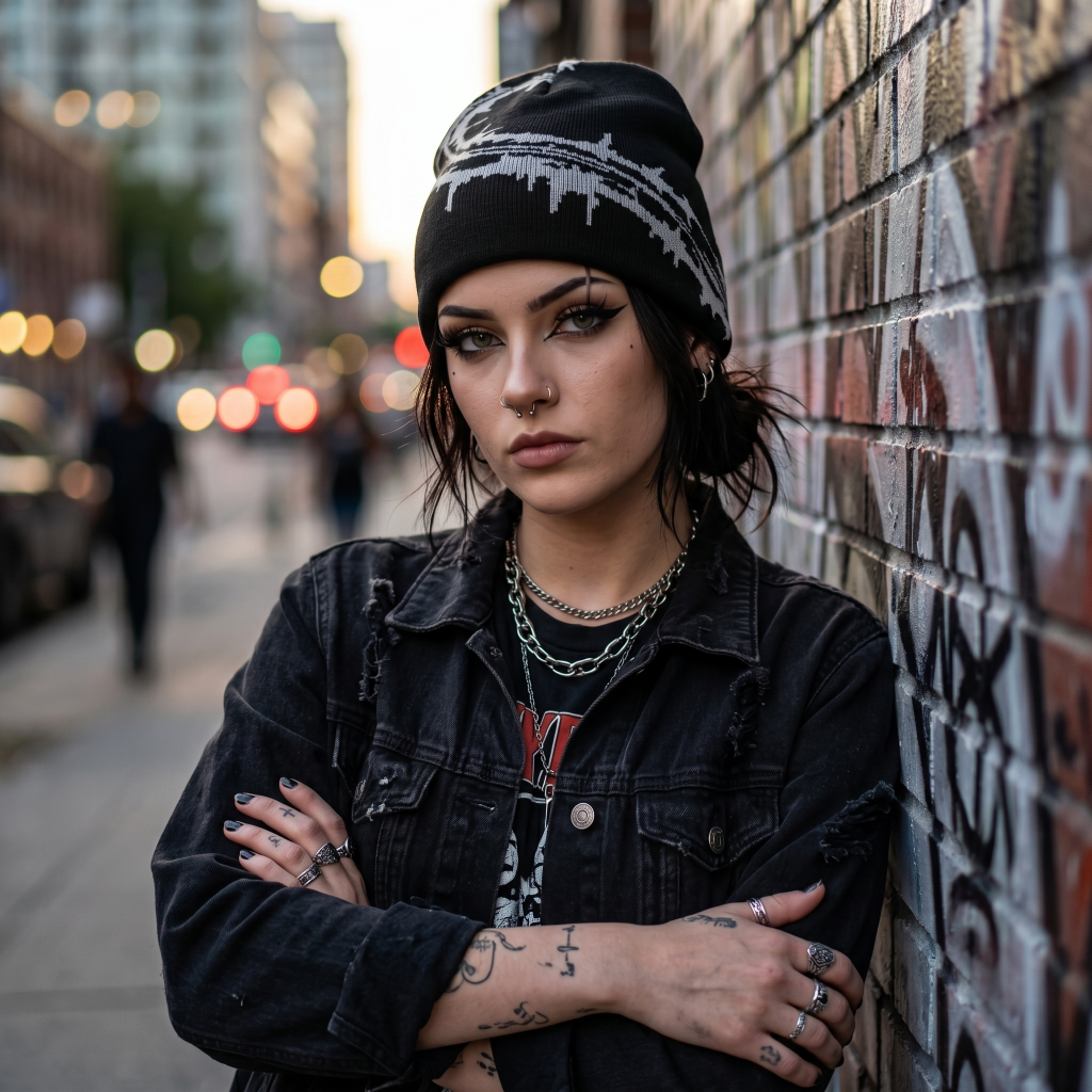 woman wearing razor wire beanie leaning on brick wall