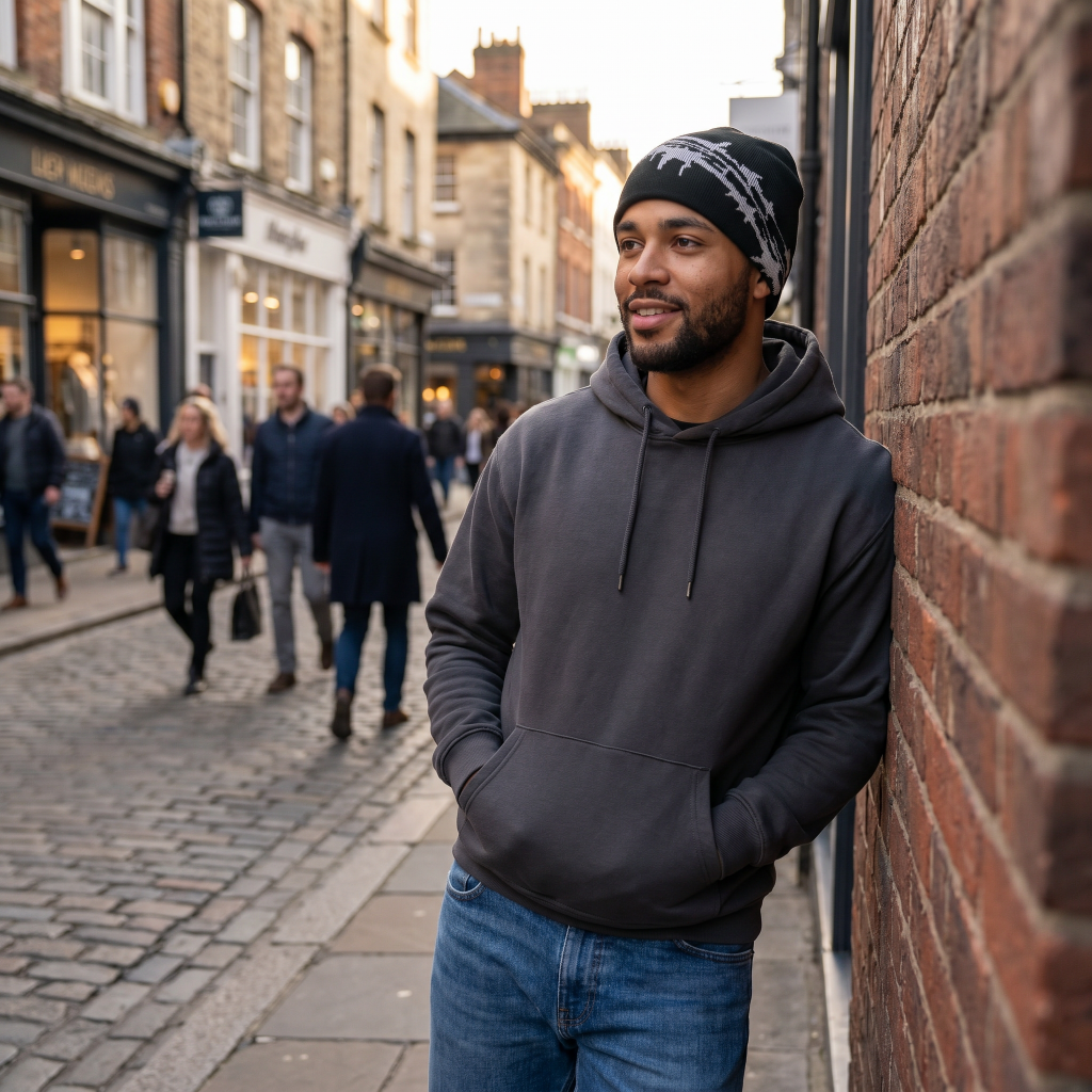man wearing razor wire beanie leaning on brick wall