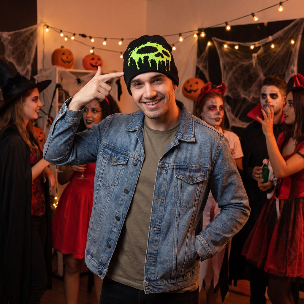 Guy in toxic slime beanie and denim jacket