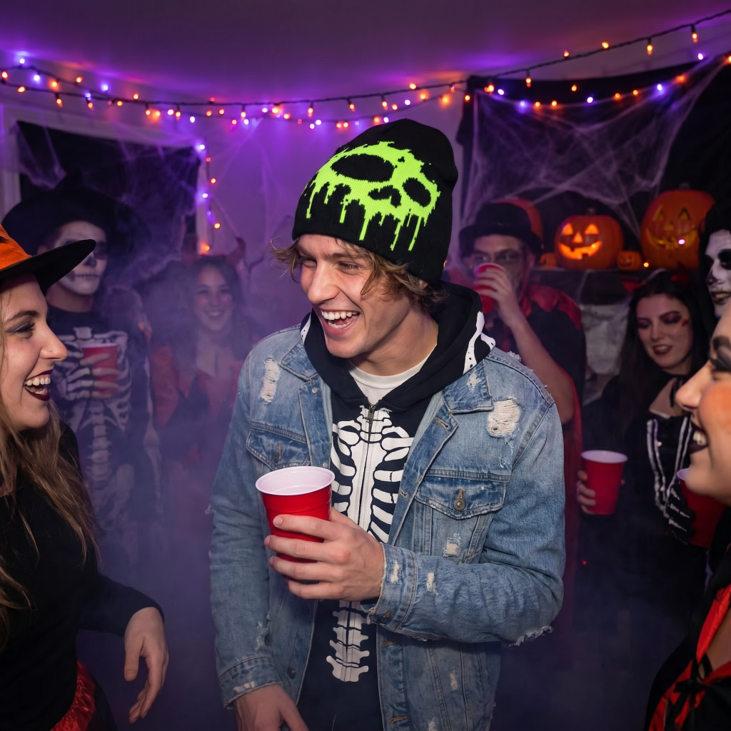 guy at party wearing slime beanie