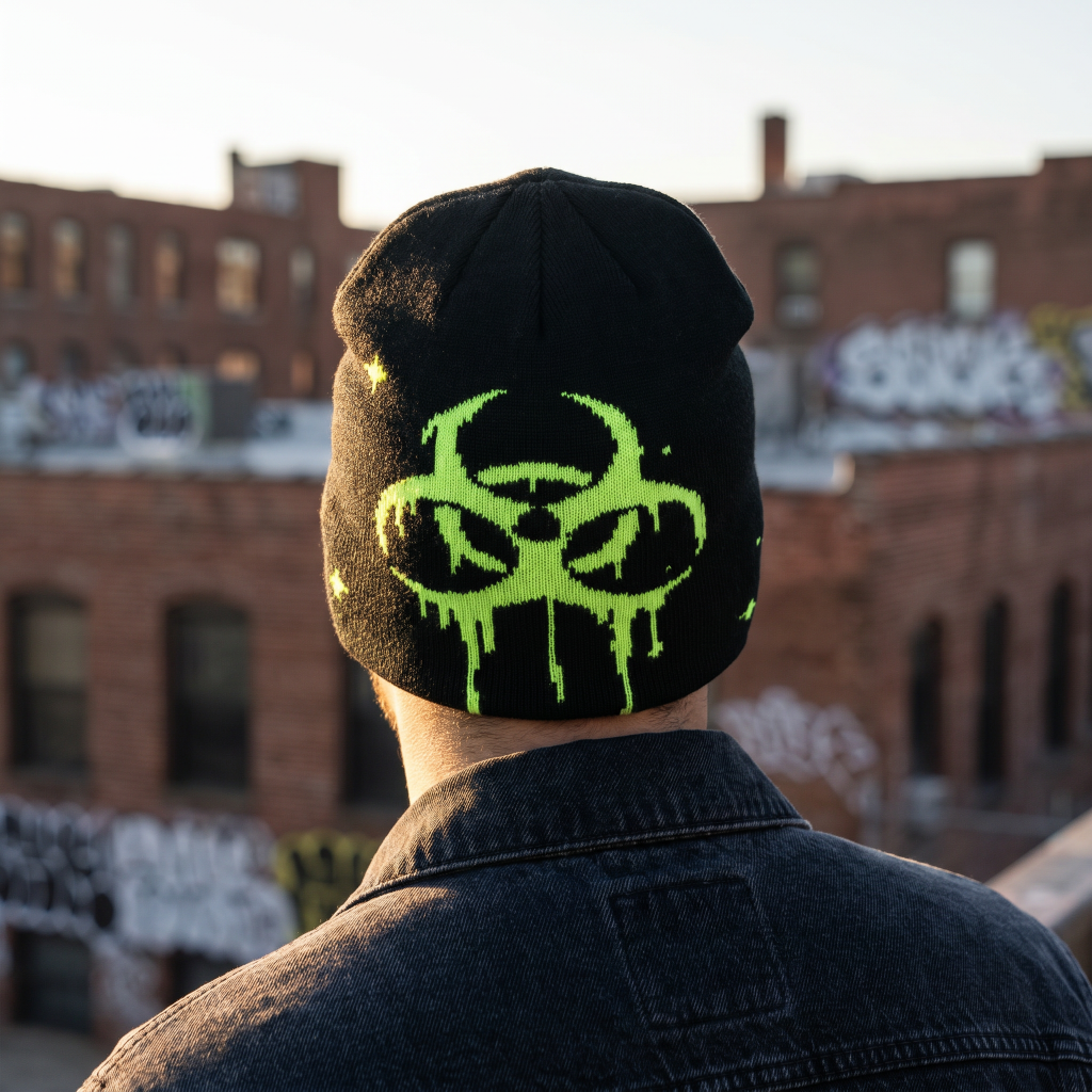 Person wearing a black beanie with a green biohazard symbol in an urban setting with graffiti.