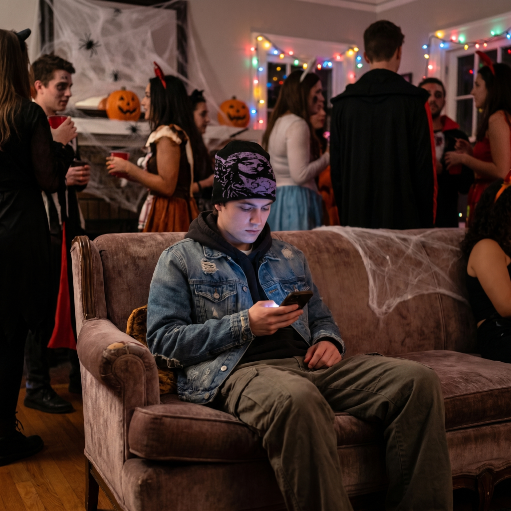 Person sitting on a couch at a Halloween party with decorations and people in costumes.