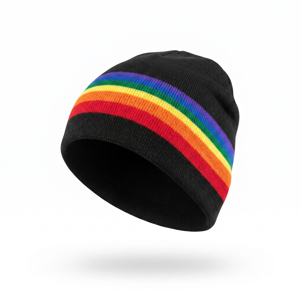Black beanie with rainbow stripes on a white background