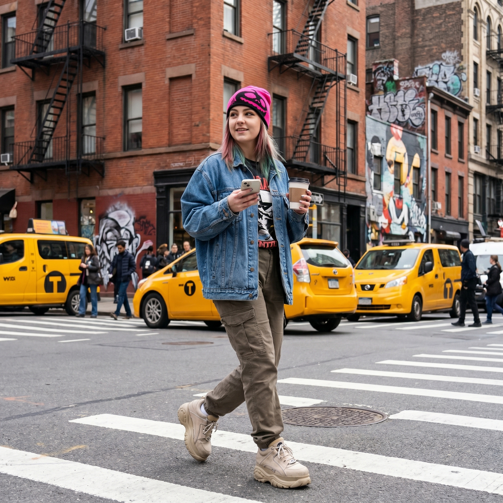 Person walking on a city street with yellow taxis and brick buildings in the background