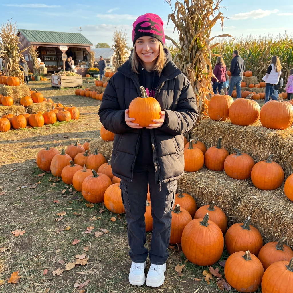 Person holding a pumpkin in a pumpkin patch with hay bales and other people in the background.