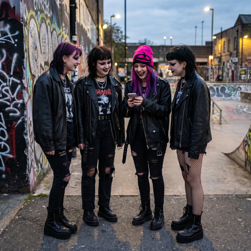 Four individuals in gothic fashion standing against a graffiti-covered wall.