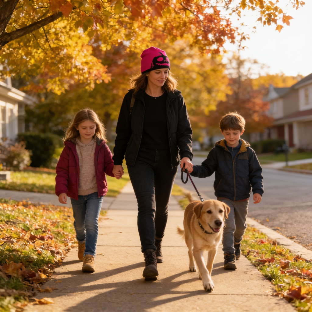Woman and two children walking a dog on a sidewalk with autumn leaves and houses in the background