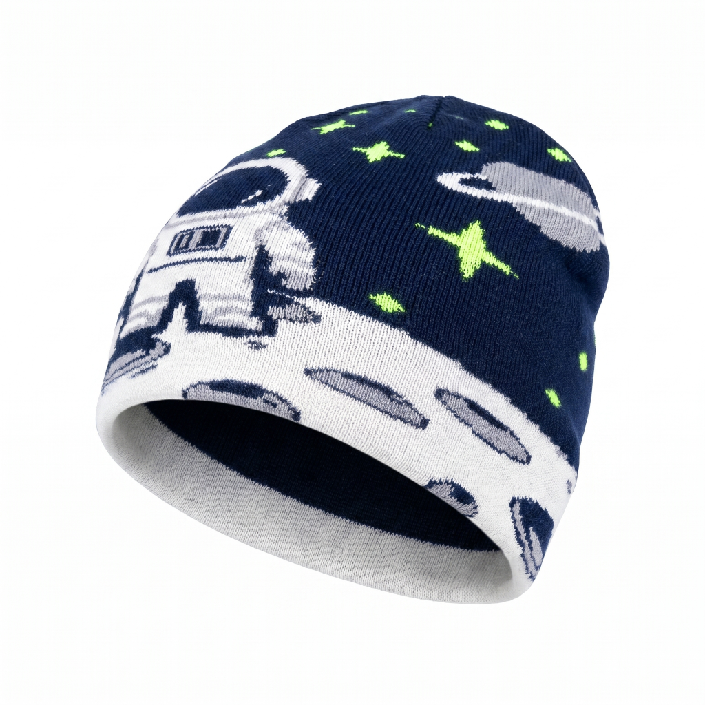 beanie with space-themed design on a white background