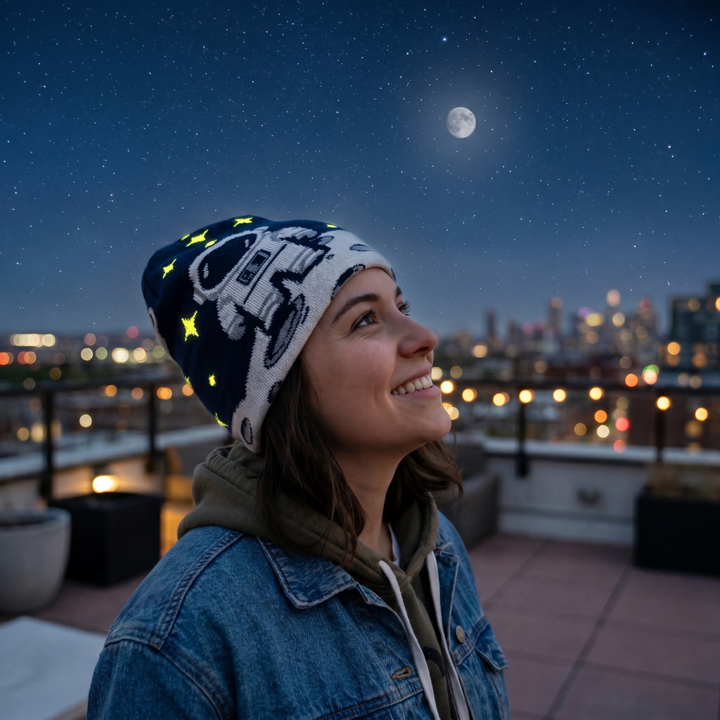 Woman wearing a star-patterned beanie looking up at the night sky with city lights in the background.