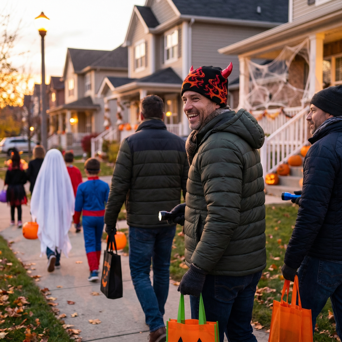 People trick-or-treating on a residential street decorated for Halloween.