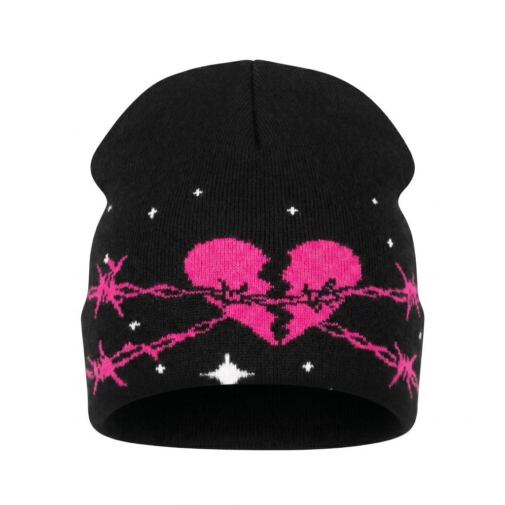 Black beanie with pink heart and barbed wire design on a white background