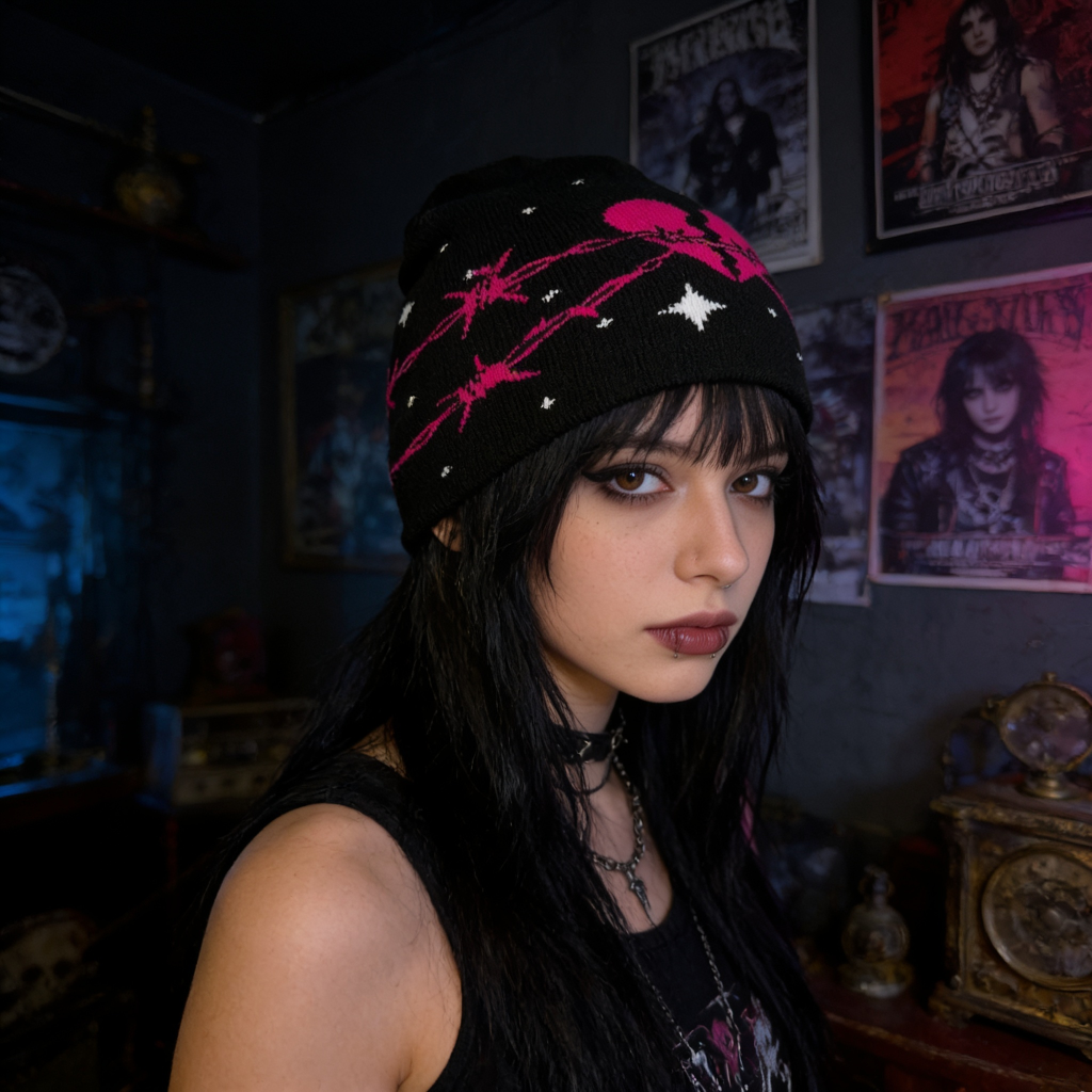 Person wearing a black beanie with pink designs in a dark room with posters on the wall.