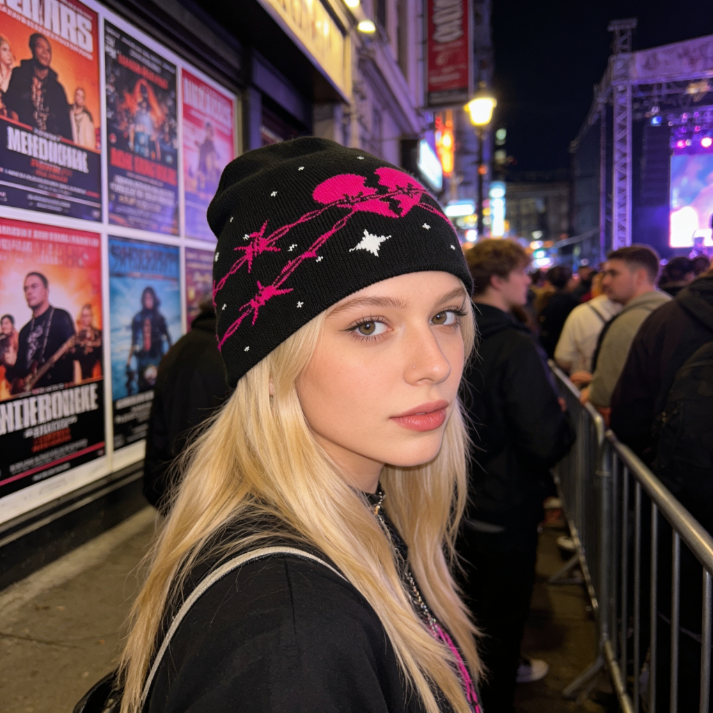 Woman wearing a black beanie with pink designs in a city street at night.