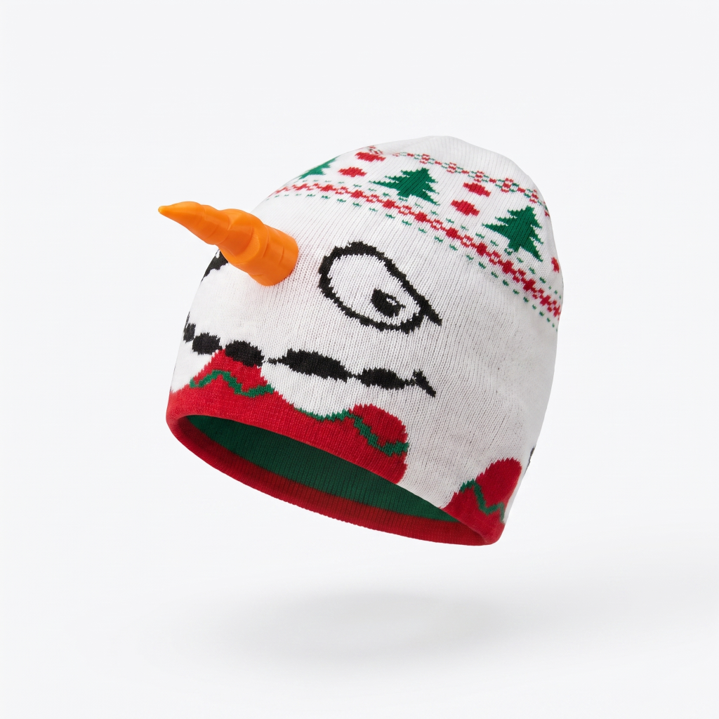 Colorful knit beanie with snowman design on a white background