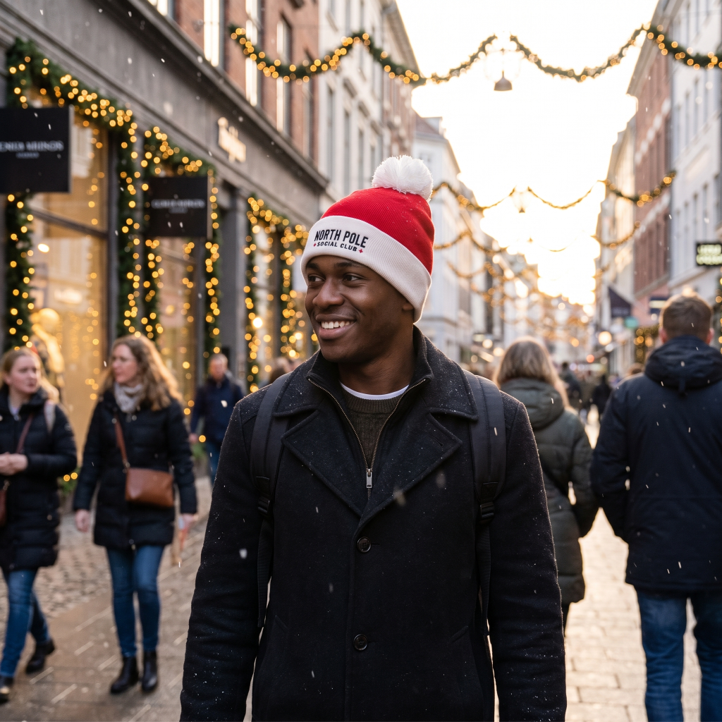 A man walking down a snowy city street wearing a red and white Santa hat with 'NORTH POLE' printed on it, over a dark winter coat.