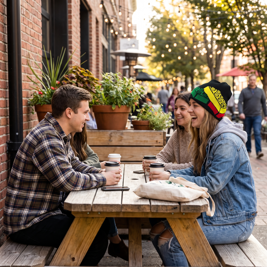 Lego beanie on girl at picnic table