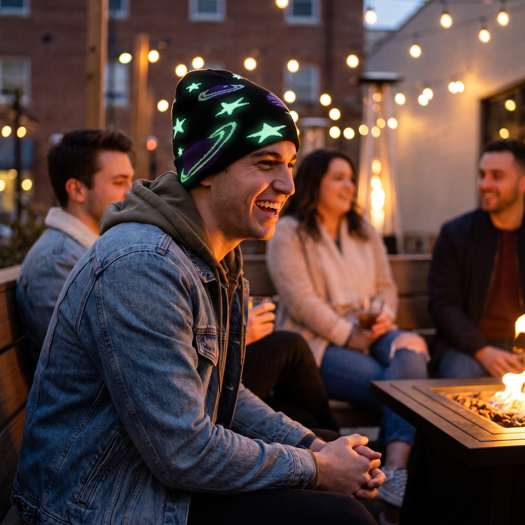 guy by fireplace with glowing space beanie on