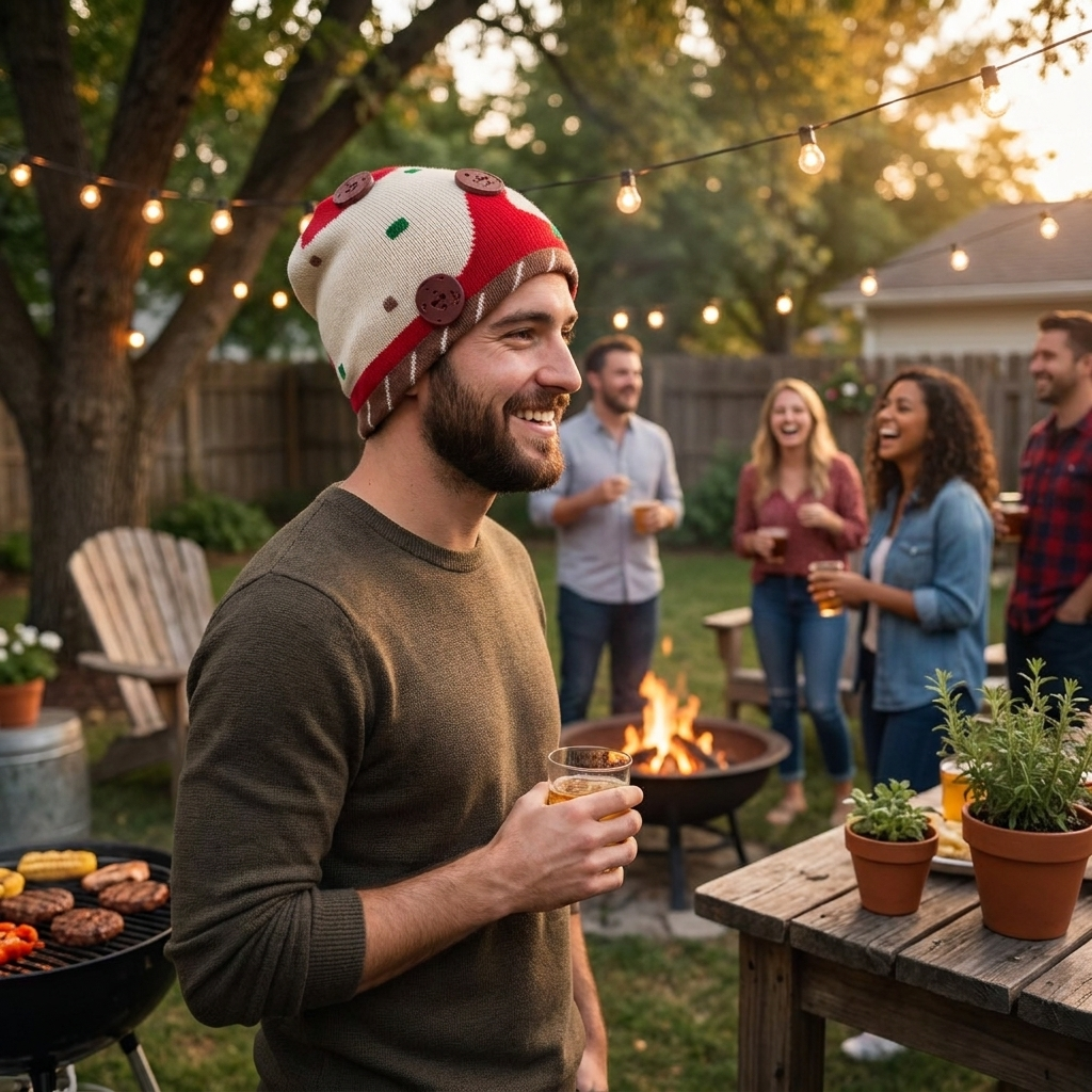A man at an outdoor backyard party wearing a red and cream knit beanie with decorative buttons and a green sweater, holding a drink. Other people, a grill, string lights, and potted plants are visible in the background.