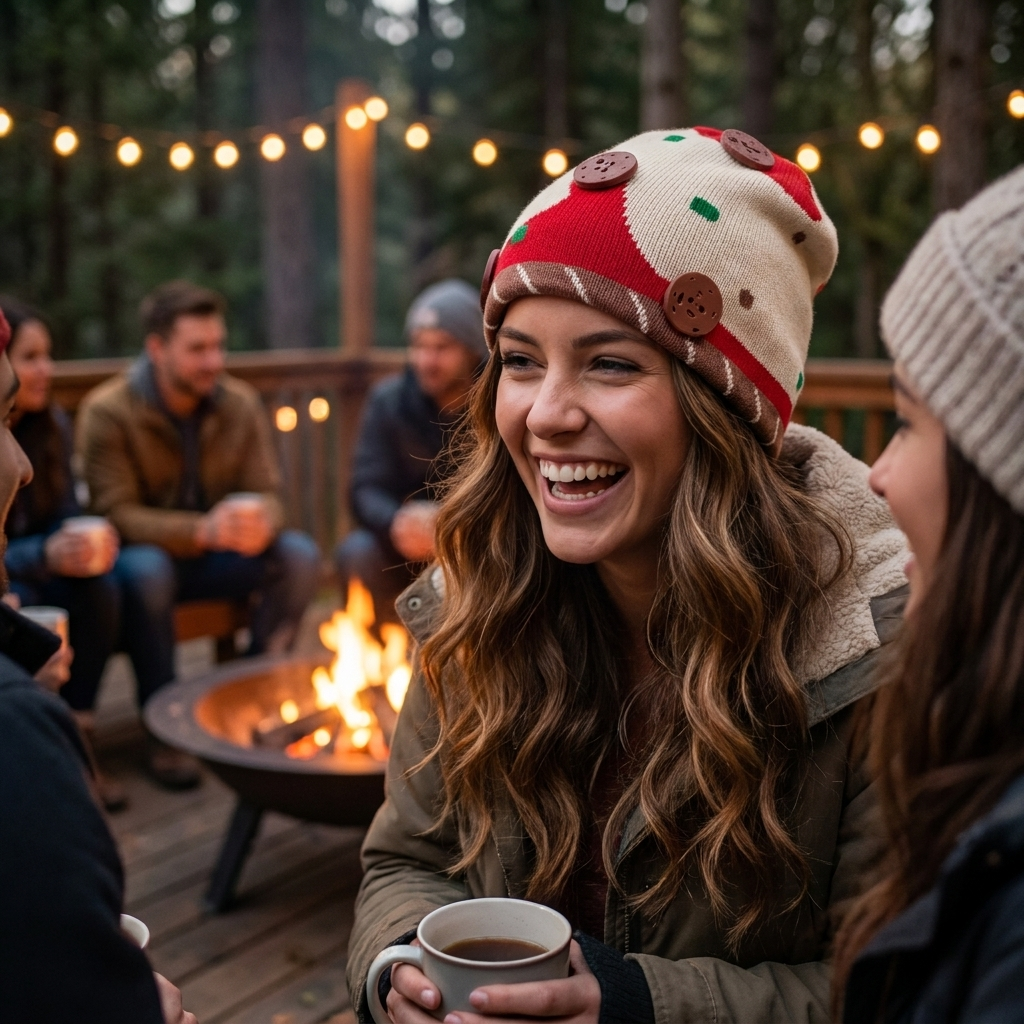 A woman smiling at a campfire on a wooden deck, wearing a festive knit beanie with red, cream, and green holiday patterns and brown buttons. Other people and warm string lights are visible in the background.