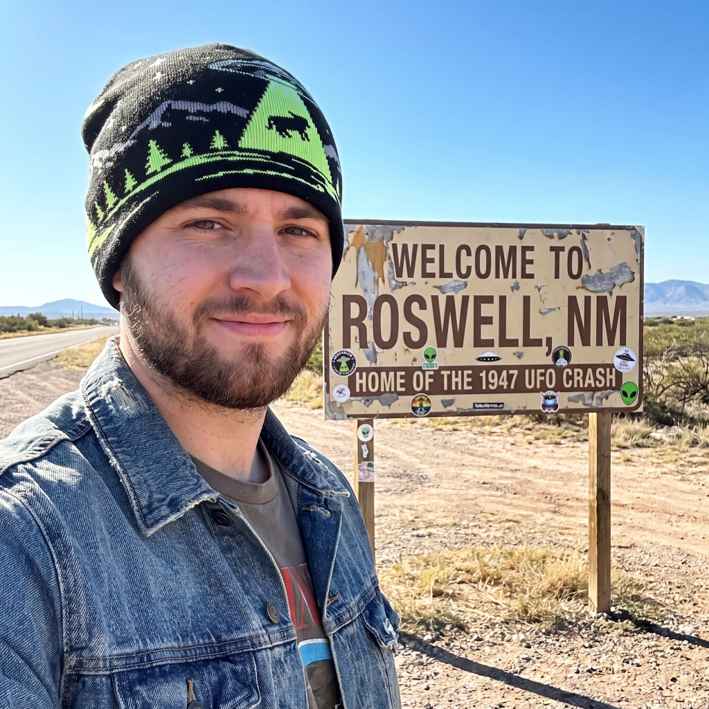 A man wearing a black and green beanie and denim jacket takes a selfie next to a 'Welcome to Roswell, NM' sign in a desert landscape under a clear blue sky.