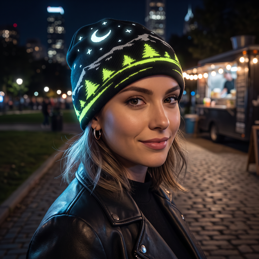 A woman outdoors at night wearing a black knit beanie with neon green and white mountain-and-stars pattern, paired with a black leather jacket. The background shows a blurred street scene with lights and buildings.