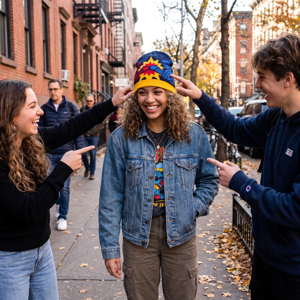 A person wearing a colorful beanie and denim jacket stands on a city sidewalk, smiling as two people adjust the beanie. The scene is outdoors in an urban setting with brick buildings, trees, and other pedestrians visible.