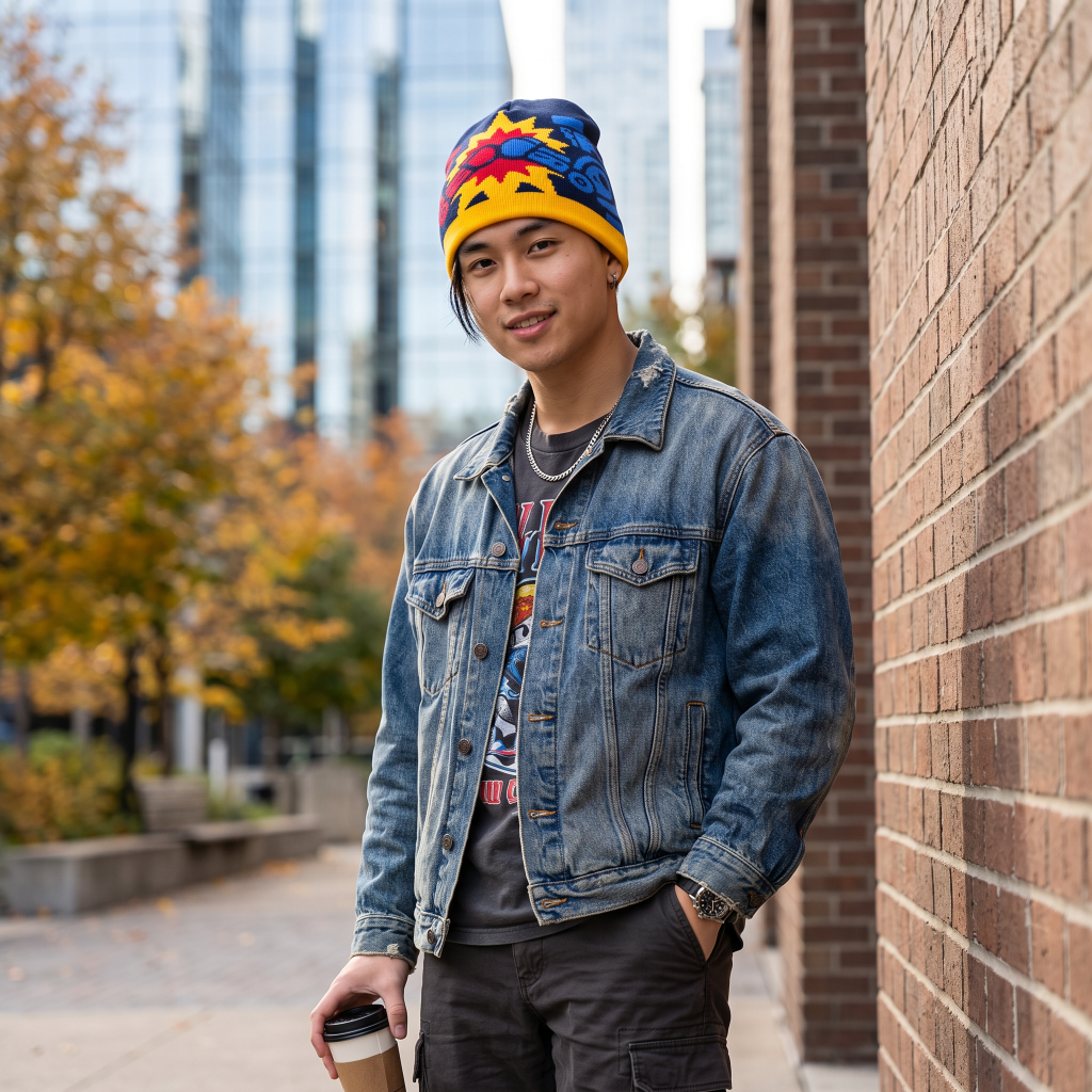 A man wearing a colorful knit beanie, a blue denim jacket, and a graphic t-shirt stands outdoors next to a brick wall, holding a coffee cup.