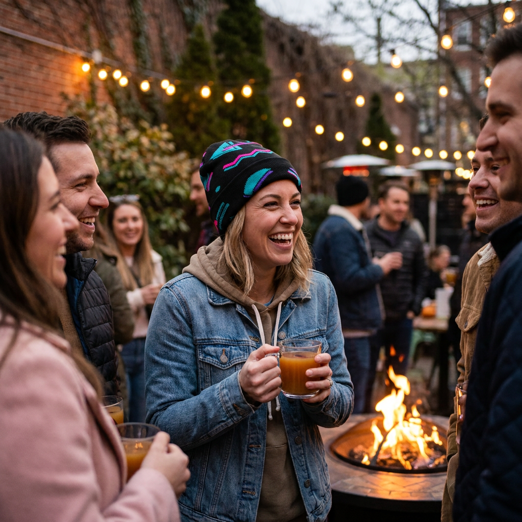 A group of friends laughing and drinking outdoors at a fire pit table, with warm string lights and a brick wall in the background.