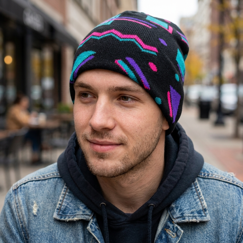 A man wearing a black knit beanie with a colorful geometric pattern in pink, purple, and teal, styled with a dark hoodie and a distressed denim jacket in an outdoor urban setting.