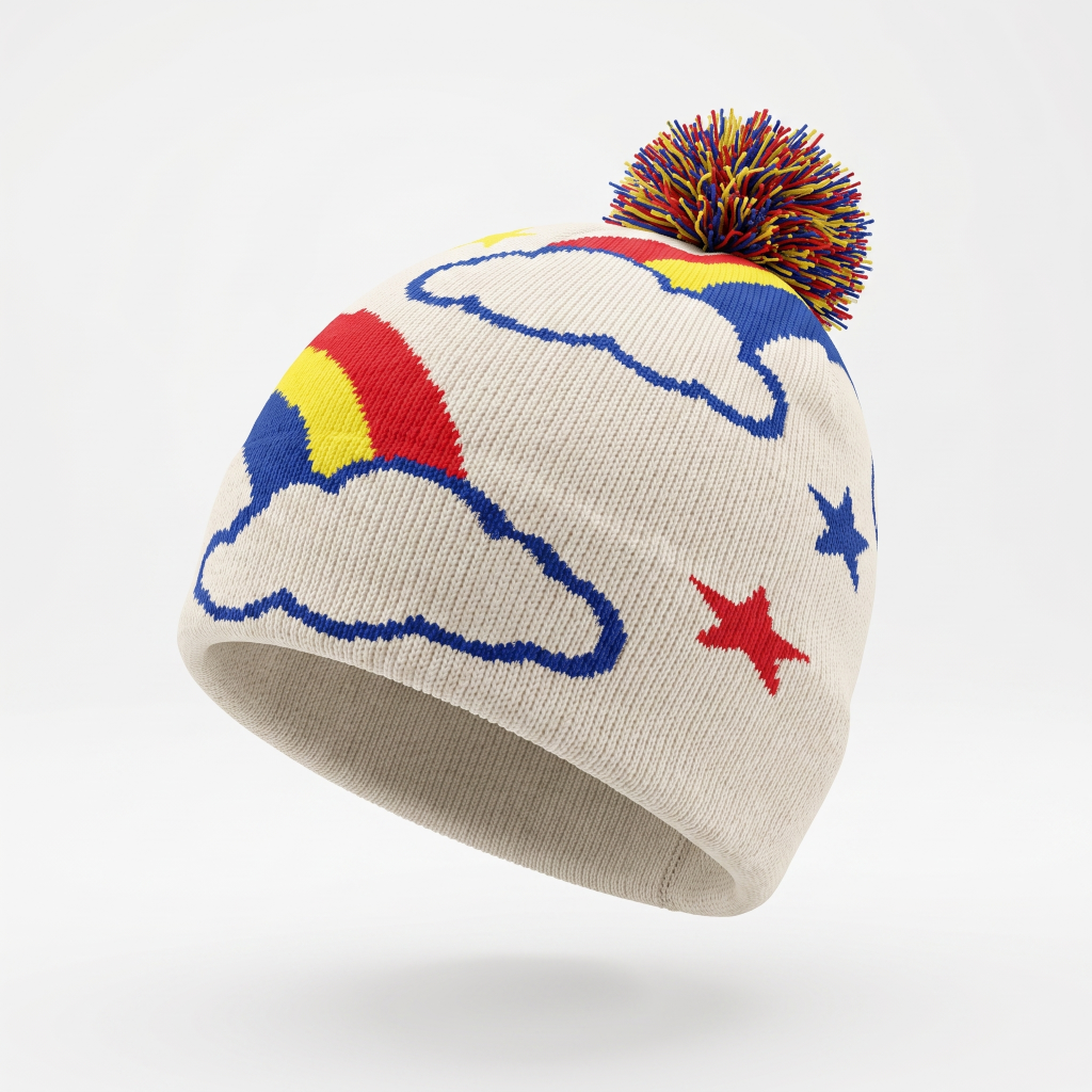 A knit beanie hat in warm off-white with a multicolor rainbow cloud pattern, blue stars, and a matching multicolor pom-pom on top, shown against a light gray studio background.