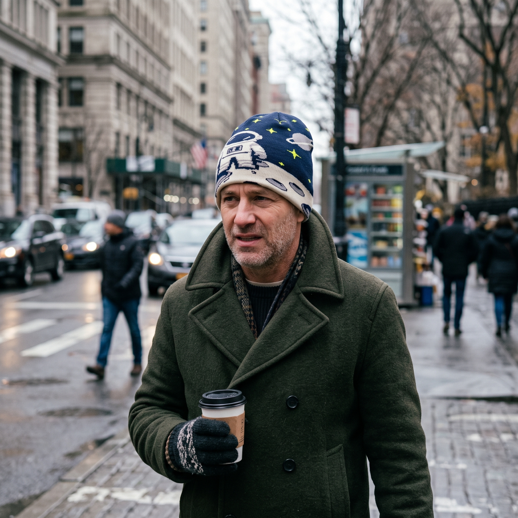 A man walking on a city street wearing an olive green wool coat, a blue and white space-themed beanie, and black knit gloves while holding a paper coffee cup.