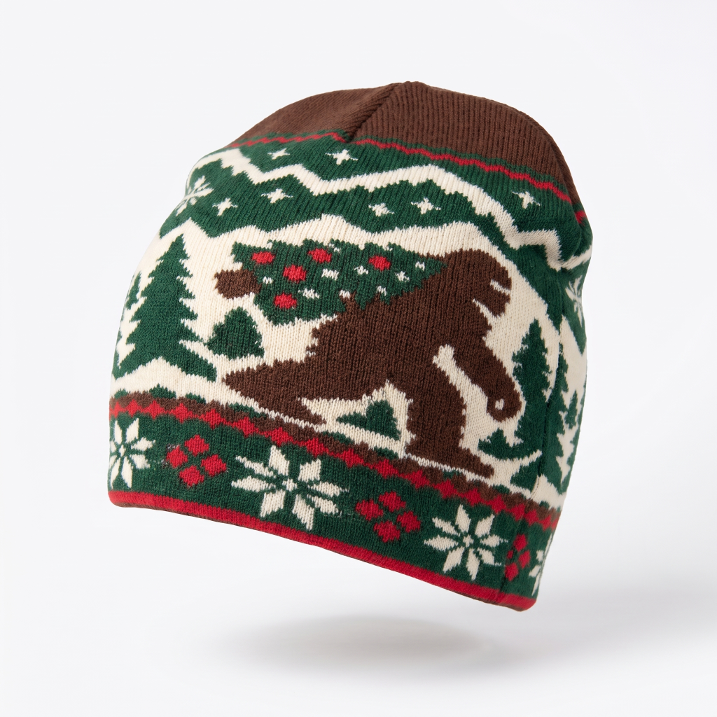 A knit beanie hat featuring a Christmas theme with a brown silhouette of bigfoot carrying a Christmas tree, surrounded by green, cream, and red holiday patterns.