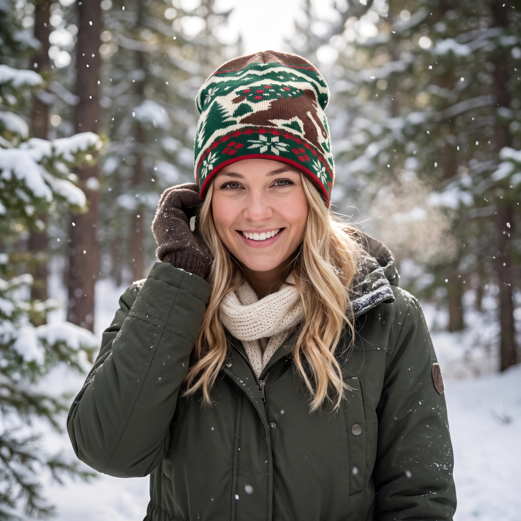 A smiling blonde woman in a snowy forest wearing a festive knit beanie with a green, brown, and red holiday pattern, a cream knit scarf, and an olive green winter jacket.