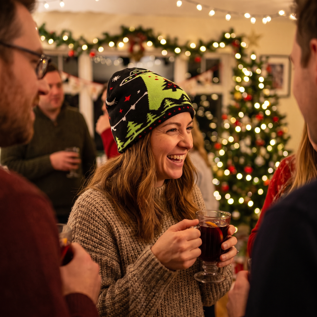 A woman at a cozy holiday gathering wears a black knit beanie with a green and black mountain-and-tree pattern, smiling while holding a drink in a warmly lit room with Christmas decorations in the background.
