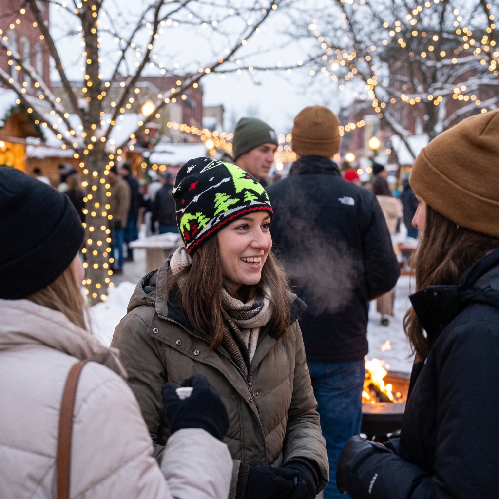 A smiling woman in a winter outdoor setting wears a black knit beanie with green and yellow tree patterns, a brown puffer jacket, and a beige scarf. Other people in winter clothing are visible around her, with snow, trees, and warm string lights in the background.