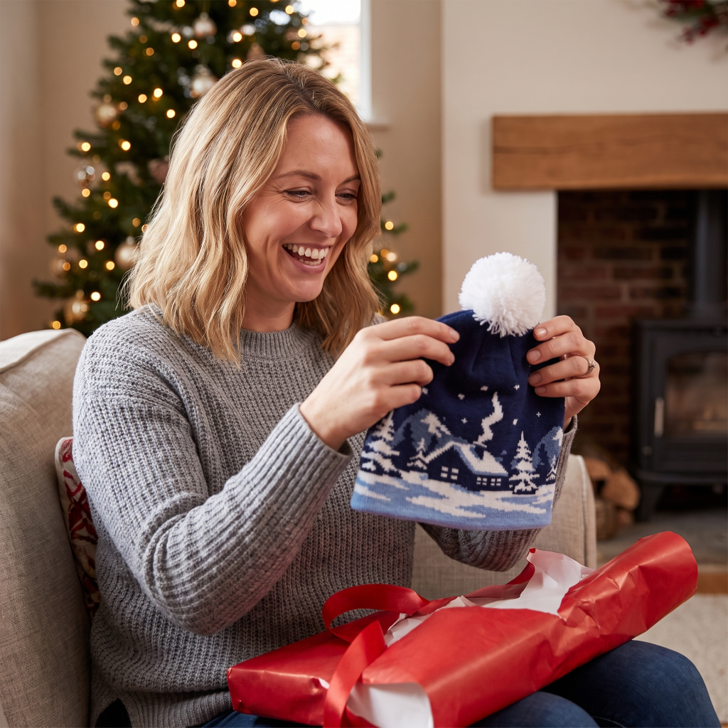 A woman in a cozy living room setting, smiling as she holds up a navy blue Christmas knit hat with a white pom-pom. The hat features a winter village scene with snow-covered houses and trees.