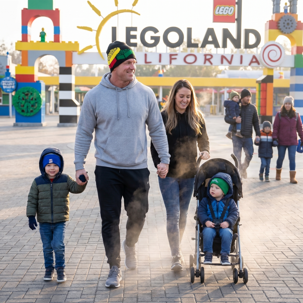 Family walking towards a Legoland California entrance with colorful Lego-themed architecture.