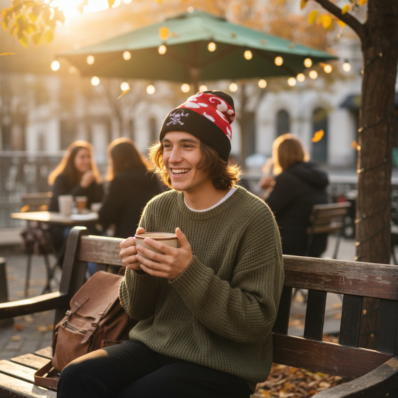 Person sitting on a bench outdoors, holding a cup, with a warm glow indicating evening or sunset.