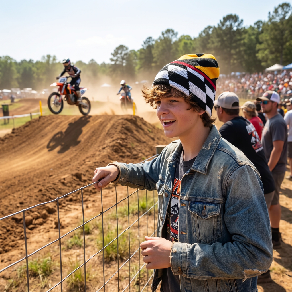 Boy in denim watching motocross