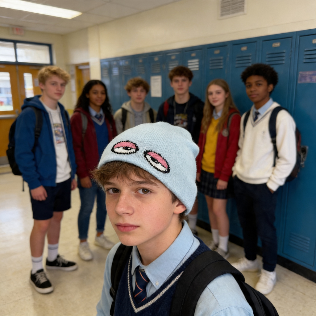 Group of students in a school hallway with lockers.