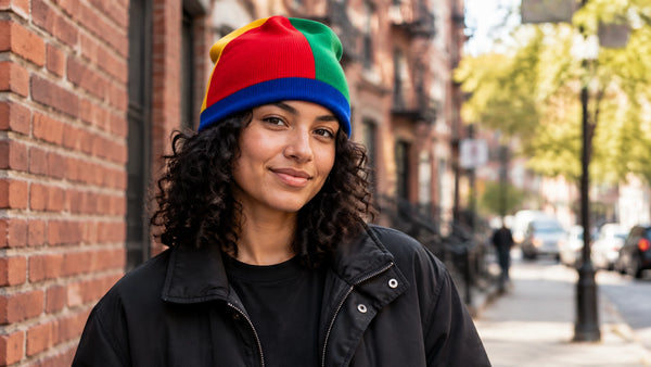A young adult in an all-black outfit wearing a bright geometric knit beanie on a city street