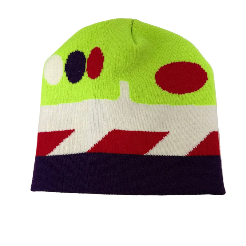 Colorful beanie with abstract design on a white background