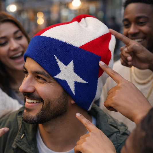Man wearing a Puerto Rico flag beanie surrounded by people in an urban setting