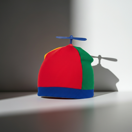 Colorful beanie with a propeller on a reflective surface