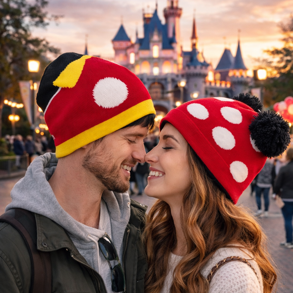 Couple wearing Mickey and Minnie Mouse hats in front of a castle.