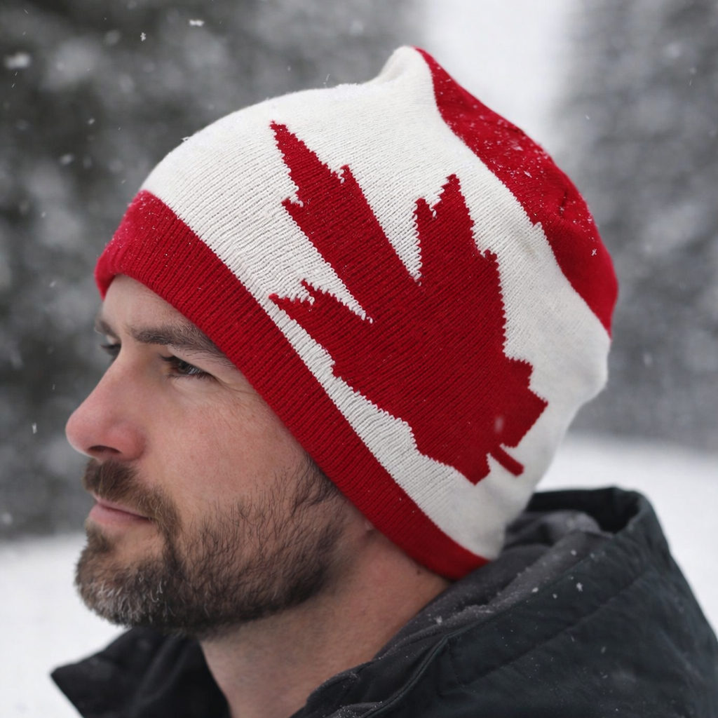 Man wearing a knit beanie with a red maple leaf design in a snowy landscape